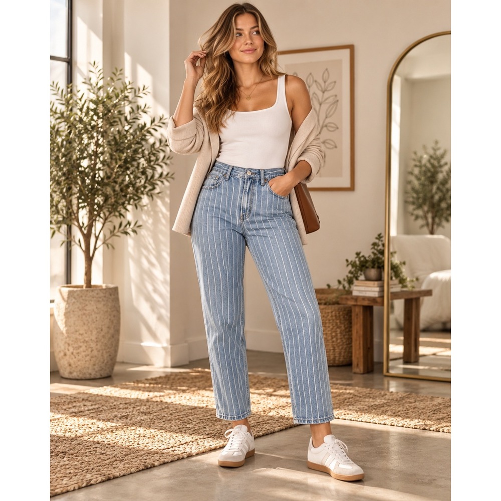 American Eagle Light Wash Pinstripe Mom Jeans High Rise Straight Leg Size 8